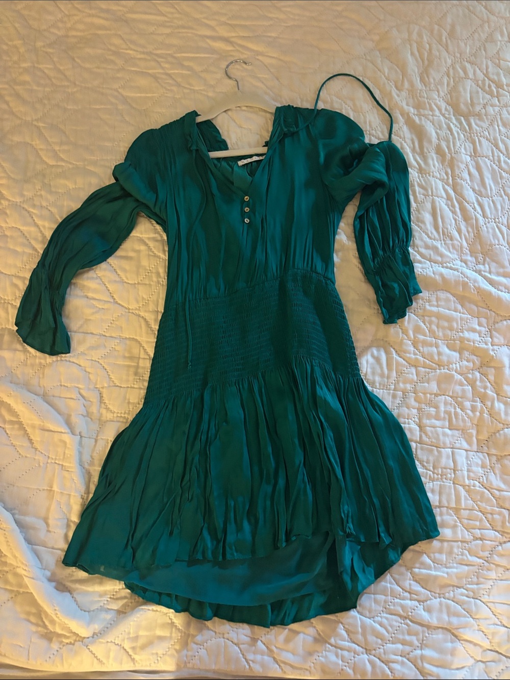 Karlie Teal Green Long Sleeve Smocked Waist Dress